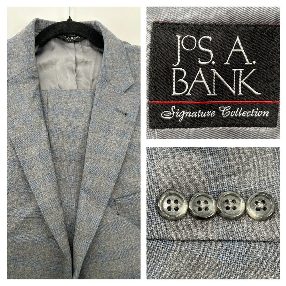 Jos. A. Bank Suit Mens 44S Gray Blue Glen Plaid 100% Wool Signature Collection